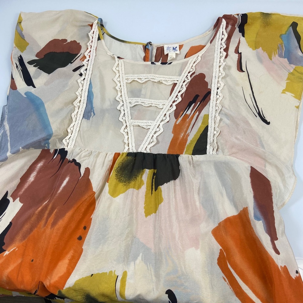 Edme & Esyllte Women 4 Multicolor Silk Abstract Blouse Flaw Boho Lace Trim
